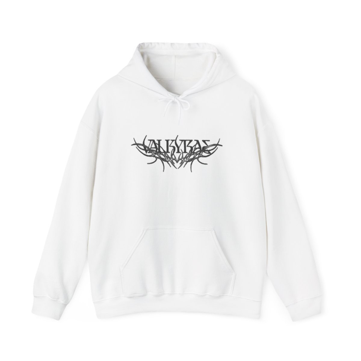 Dark Angel Graphic Hoodie | Gothic Winged Figure, Calligraphic Logo | Valkyrae