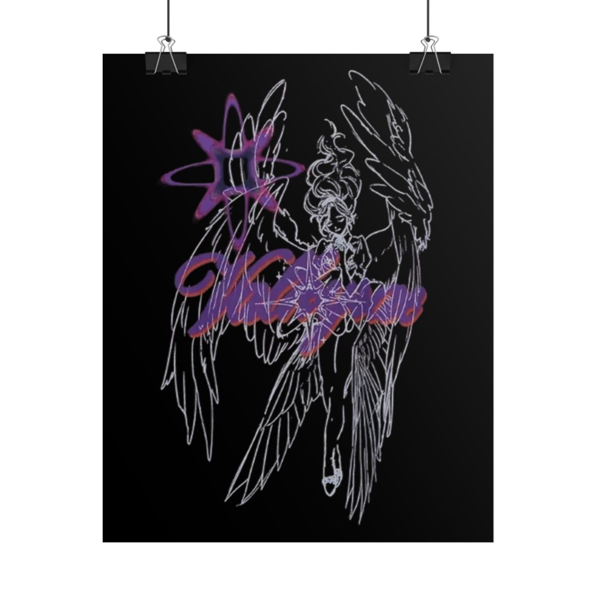 Angel Line Art Poster | Neon Script Illustration, Dark Aesthetic | Valkyrae